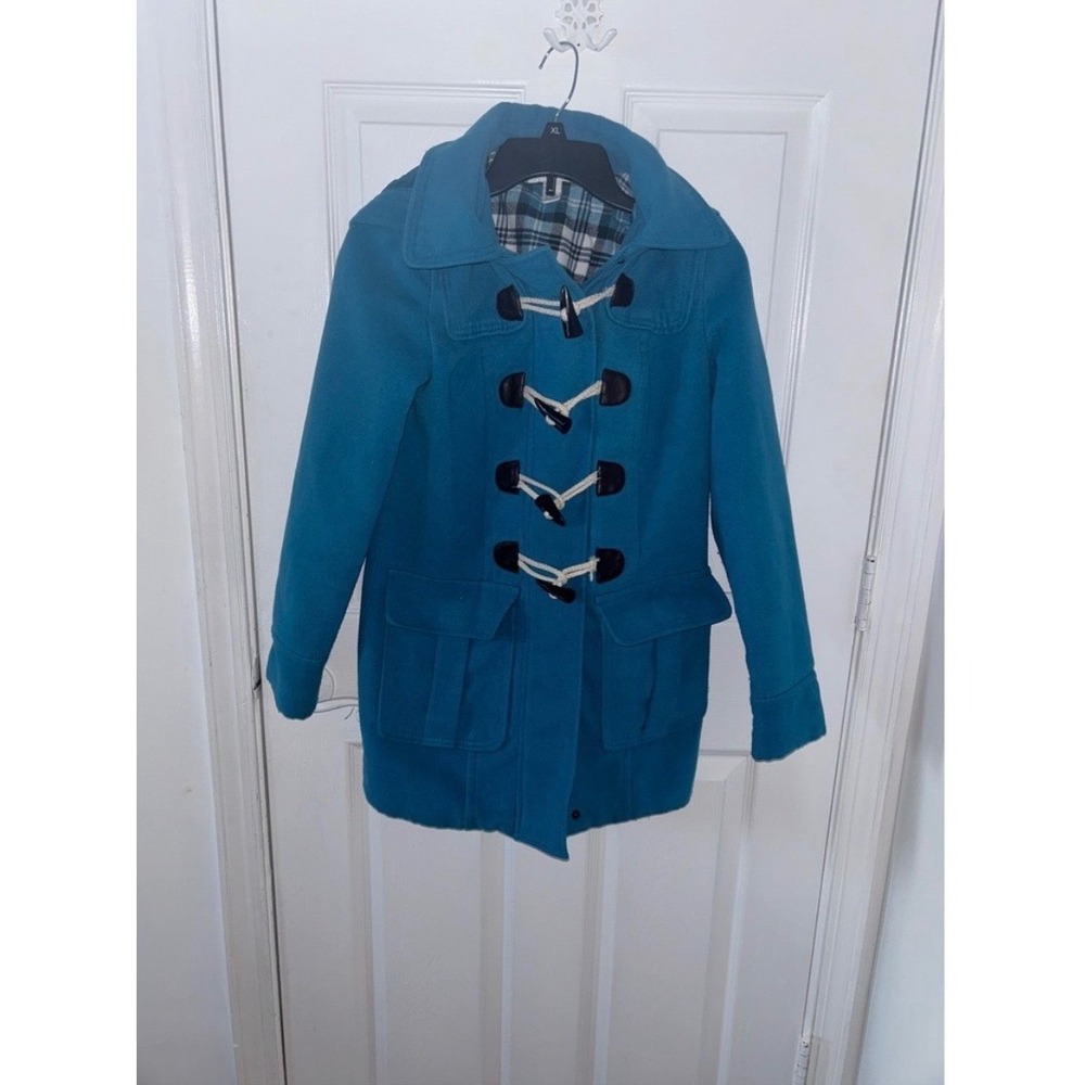 Forever 21 Teal Blue Toggle Duffle Coat Plaid Lined Hooded Jacket Size Medium